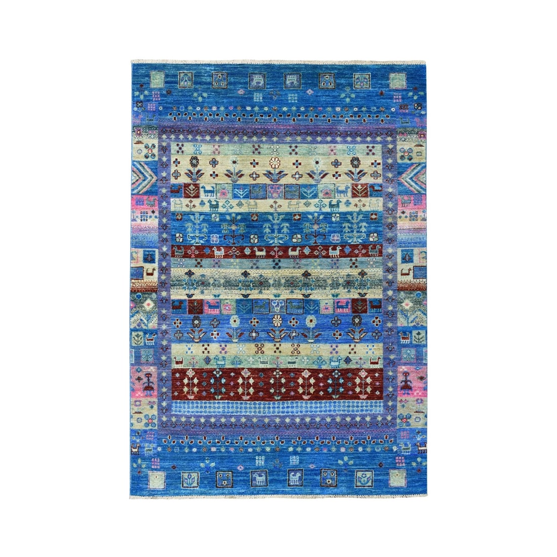 4'x5'10" Colorful Kashkuli Gabbeh Pure Wool Hand-Knotted Oriental Rug: 4'x5'10" Colorful Kashkuli Gabbeh Pure Wool Hand-Knotted Oriental Rug Experience the rich beauty of traditional Pakistani craftsmanship with this stunning 4'x5'10" Colorful Kashkuli Gabbeh Pure Wool
