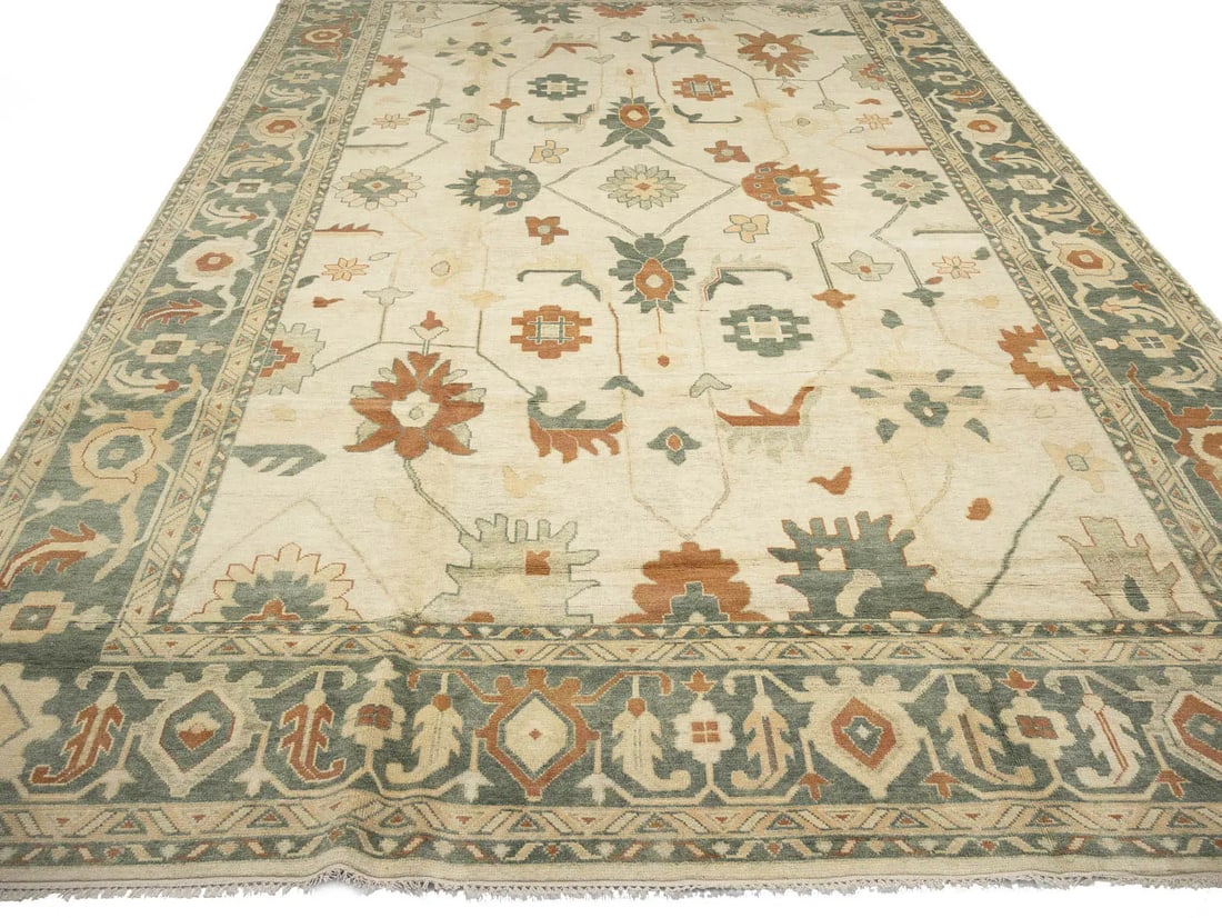 13x21 ft Hand-Knotted Floral Rare Oushak Design Oriental Rug Extra Large Carpet: 13x21 ft Hand-Knotted Floral Rare Oushak Design Oriental Rug Extra Large Carpet Experience the beauty of hand-knotted craftsmanship with this stunning 13x21 ft Oushak design Oriental rug, boasting a