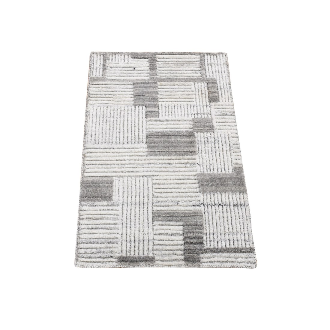 2'x3' Gray Geometric Style Hi and Lo Pure Wool Hand Loomed Mat Rug: 2'x3' Gray Geometric Style Hi and Lo Pure Wool Hand Loomed Mat Rug Experience the timeless elegance of India's rich cultural heritage with this stunning 2'x3' gray geometric style hand loomed mat