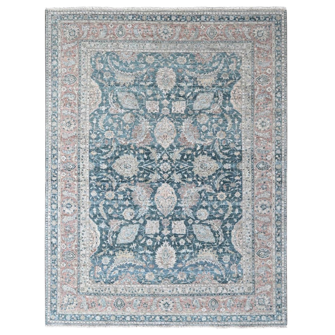 Tebraz Design Distressed Wool Hand Knotted 9'x11'10" Antiqued Teal Rug: Tebraz Design Distressed Wool Hand Knotted 9'x11'10" Antiqued Teal Rug Experience the rich history and craftsmanship of India with this stunning Tebraz Design Distressed Wool Hand Knotted 9'x11'10" An