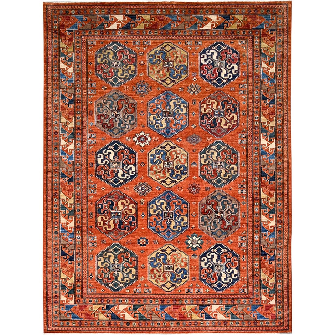 8'10"x11'10" Sun Orange Super Kazak Geometric Wool Hand Knotted Rug: 8'10"x11'10" Sun Orange Super Kazak Geometric Wool Hand Knotted Rug Experience the vibrant warmth of Afghanistan with this stunning Sun Orange Super Kazak Geometric Wool Hand Knotted Rug, measuring