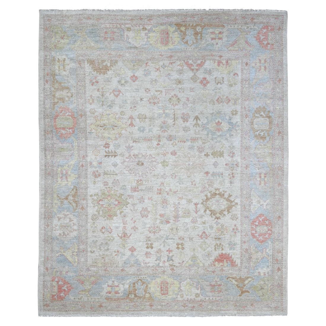 8'x9'10" Light Gray Afghan Angora Oushak Leaf Design Hand Knotted Wool Rug (1 of 11)