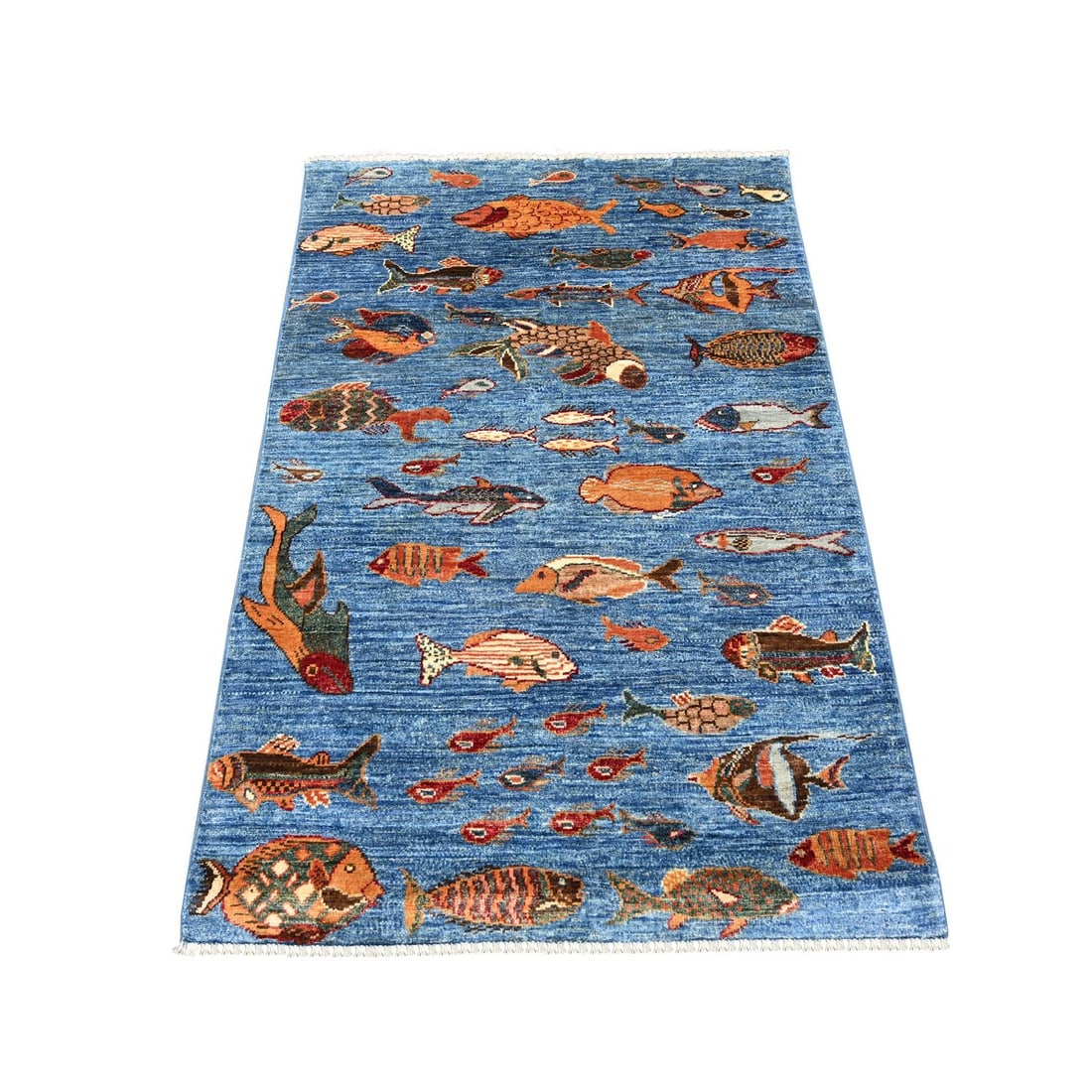 3'3"x4'10" Blue Afghan Peshawar Fish Design Soft Wool Hand Knotted Rug (1 of 6)
