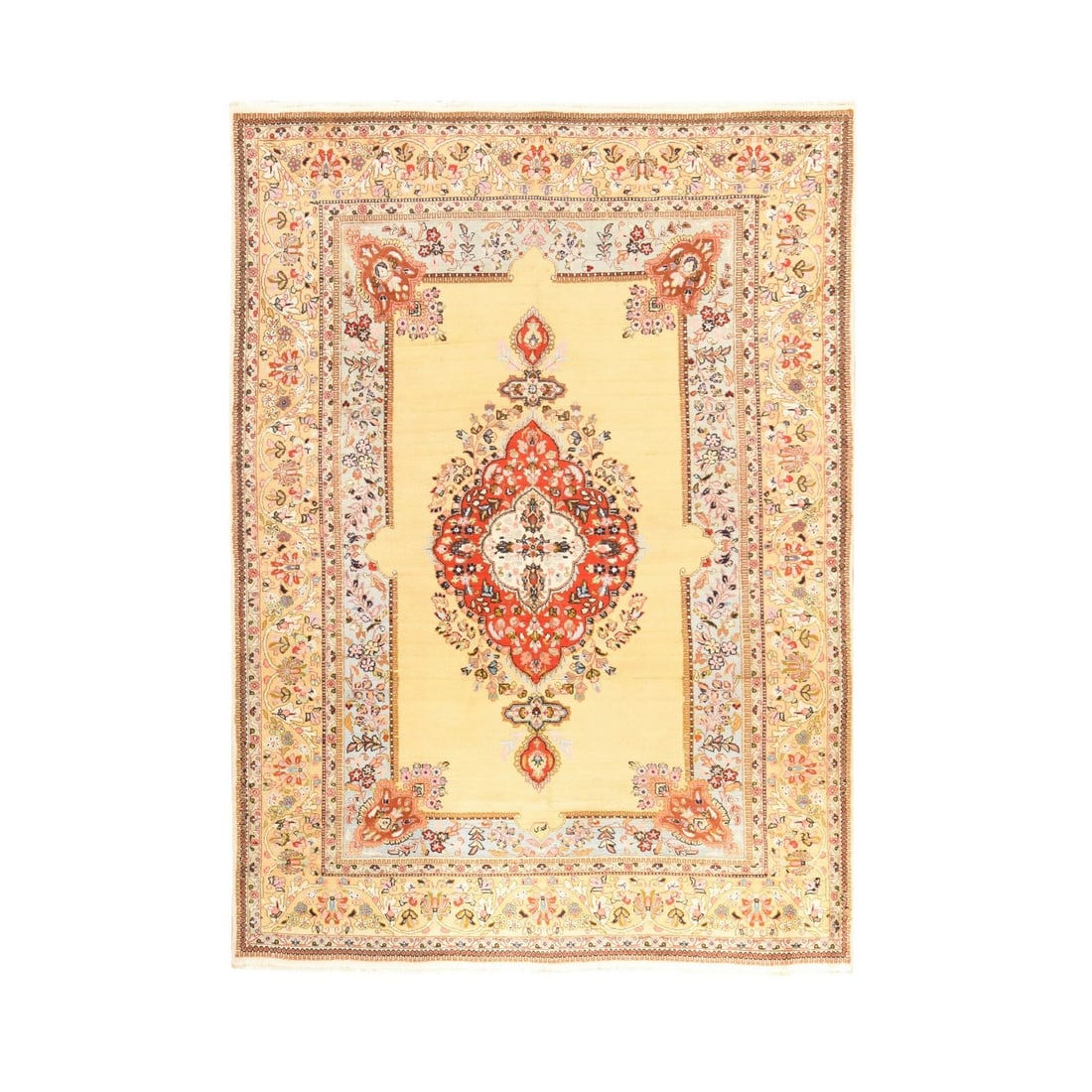 6'2"x8'9" Yellow Vintage Medallion Design Clean Hand Knotted Wool: 6'2"x8'9" Yellow Vintage Medallion Design Clean Hand Knotted Wool Experience the vibrant beauty of traditional Turkish craftsmanship with this stunning 1960s vintage medallion design wool rug,