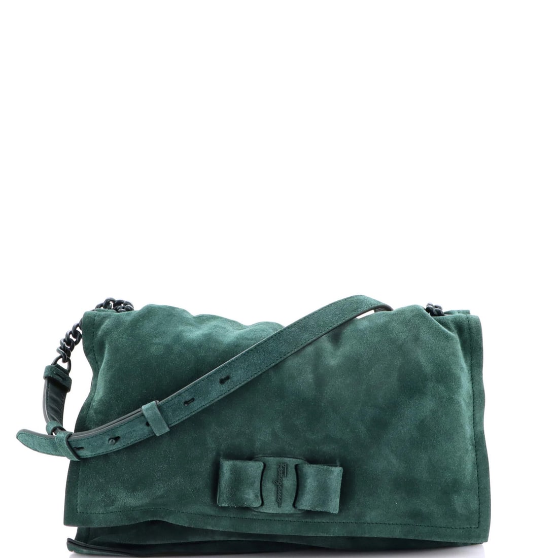 Viva medium bow flap bag suede Salvatore Ferragamo: Viva medium bow flap bag suede Salvatore Ferragamo Experience the timeless elegance of Salvatore Ferragamo's Viva medium bow flap bag, crafted from rich suede and adorned with a stunning green hue tha