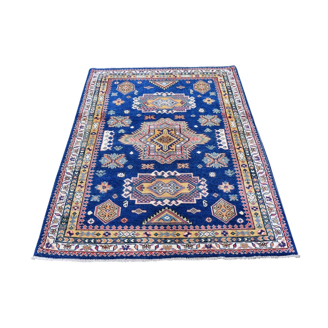 3'9"x5'9" Geometric Design Wool Super Kazak Denim Blue Hand Knotted Rug: 3'9"x5'9" Geometric Design Wool Super Kazak Denim Blue Hand Knotted Rug Experience the beauty of traditional Afghan craftsmanship in this stunning hand-knotted wool rug, measuring 3'9"x5'9". Its