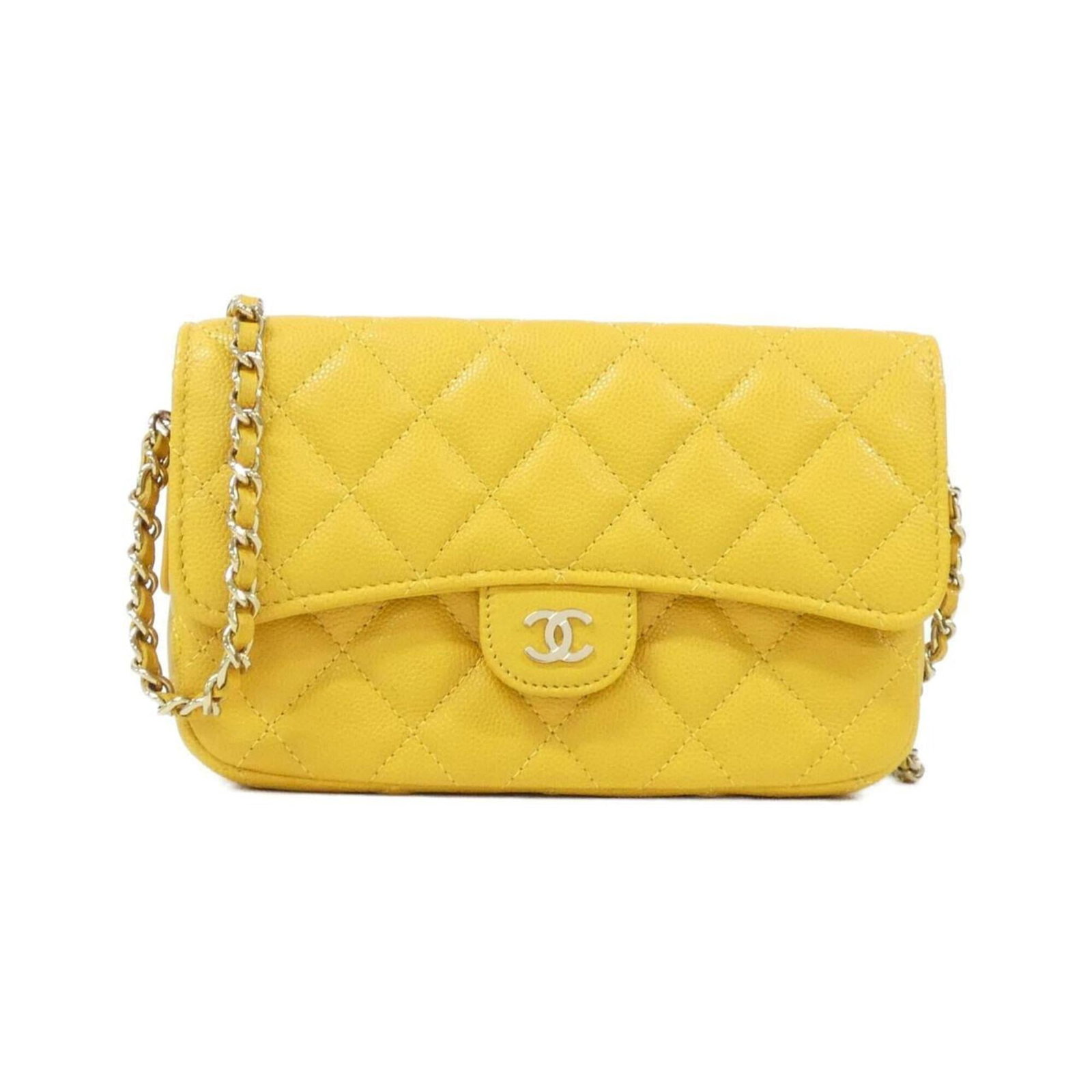 Chanel Calfskin Grained Wallet Phone: Chanel Calfskin Grained Wallet Phone A stylish and functional accessory for the modern woman, this Chanel Calfskin Grained Wallet Phone is a rare find. With its vibrant yellow color and durable