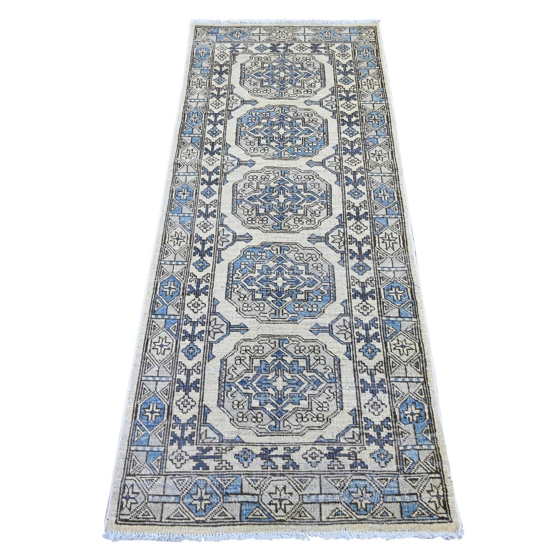 2'6"x6'1" Ivory Afghan Ersari Elephant Feet Design Hand Knotted Wool Runner (1 of 6)