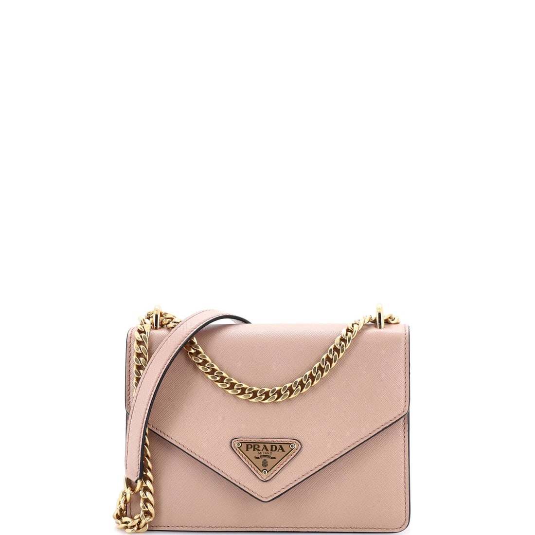 Prada small saffiano leather envelope flap chain shoulder bag: Prada small saffiano leather envelope flap chain shoulder bag Experience the timeless elegance of Prada's small saffiano leather envelope flap chain shoulder bag, boasting sleek lines and premium Saff