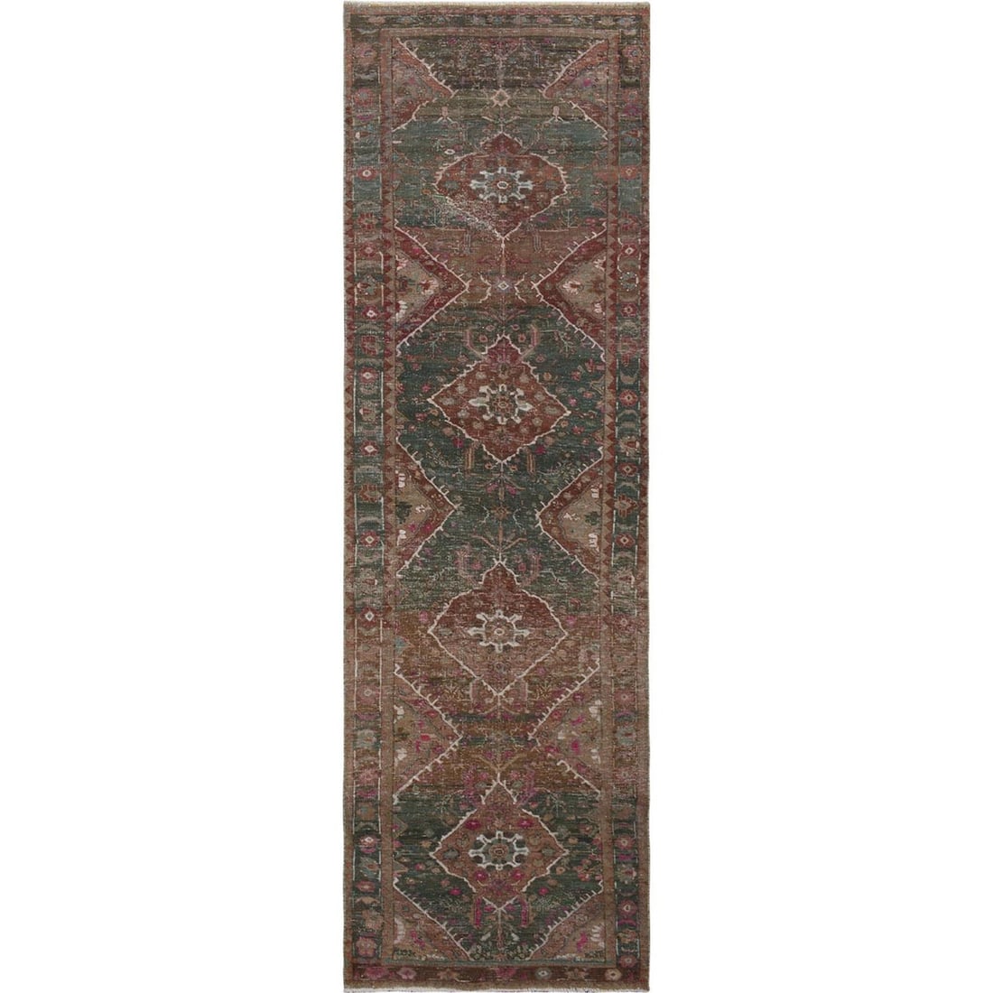 3'7"x12'3" Green Vintage and Worn Down Farsian Heris HandKnotted Wool Rug (1 of 7)