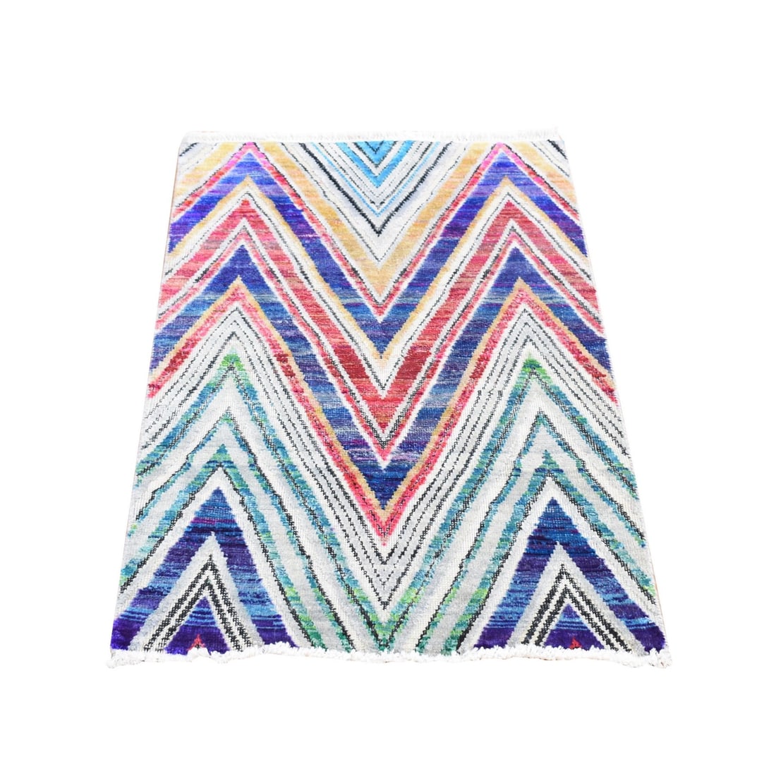 2'x3'3" Red Hand Knotted Chevron Design Sari Silk with Textured Wool Rug: 2'x3'3" Red Hand Knotted Chevron Design Sari Silk with Textured Wool Rug Experience the vibrant beauty of India with this stunning 2'x3' red hand-knotted chevron design sari silk rug, crafted from