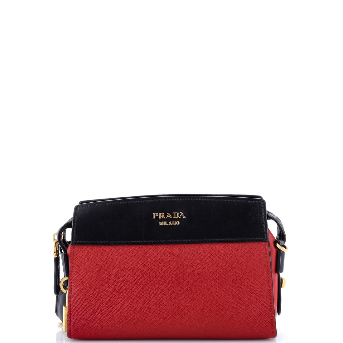 Prada city small bag calf saffiano esplanade: Prada city small bag calf saffiano esplanade A stunning Prada Esplanade Crossbody Bag in bold red leather, complete with aged gold hardware and sleek Saffiano interior, adds a pop of sophistication