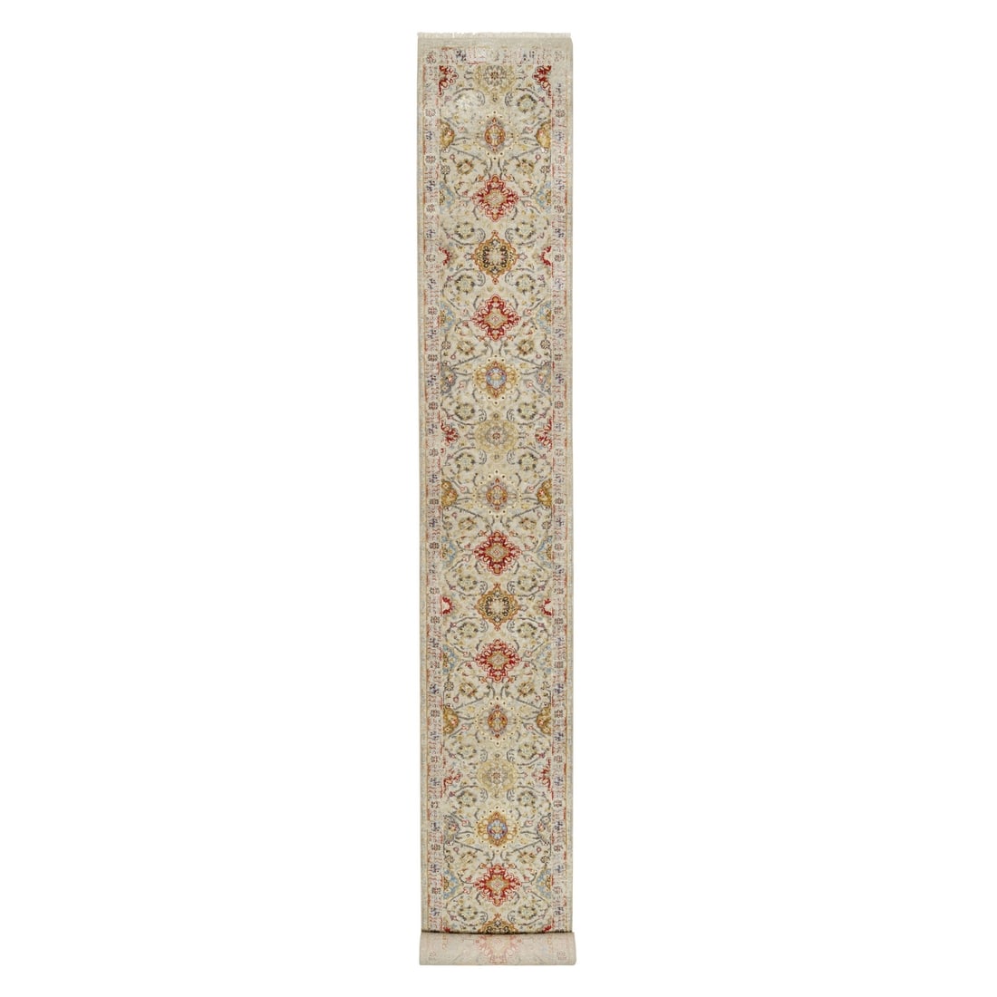 2'9"x20' Beige Hand Knotted The Sunset Rosettes Wool and Silk Runner Rug: 2'9"x20' Beige Hand Knotted The Sunset Rosettes Wool and Silk Runner Rug Experience the timeless beauty of Indian craftsmanship with this stunning 20' beige hand-knotted wool and silk runner rug,