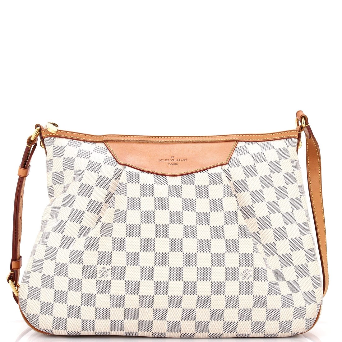 Louis Vuitton Siracusa Damier Handbag: Louis Vuitton Siracusa Damier Handbag The iconic Louis Vuitton Siracusa Damier handbag is a timeless classic, boasting its signature white canvas exterior with subtle scuffs and edge wear that add to