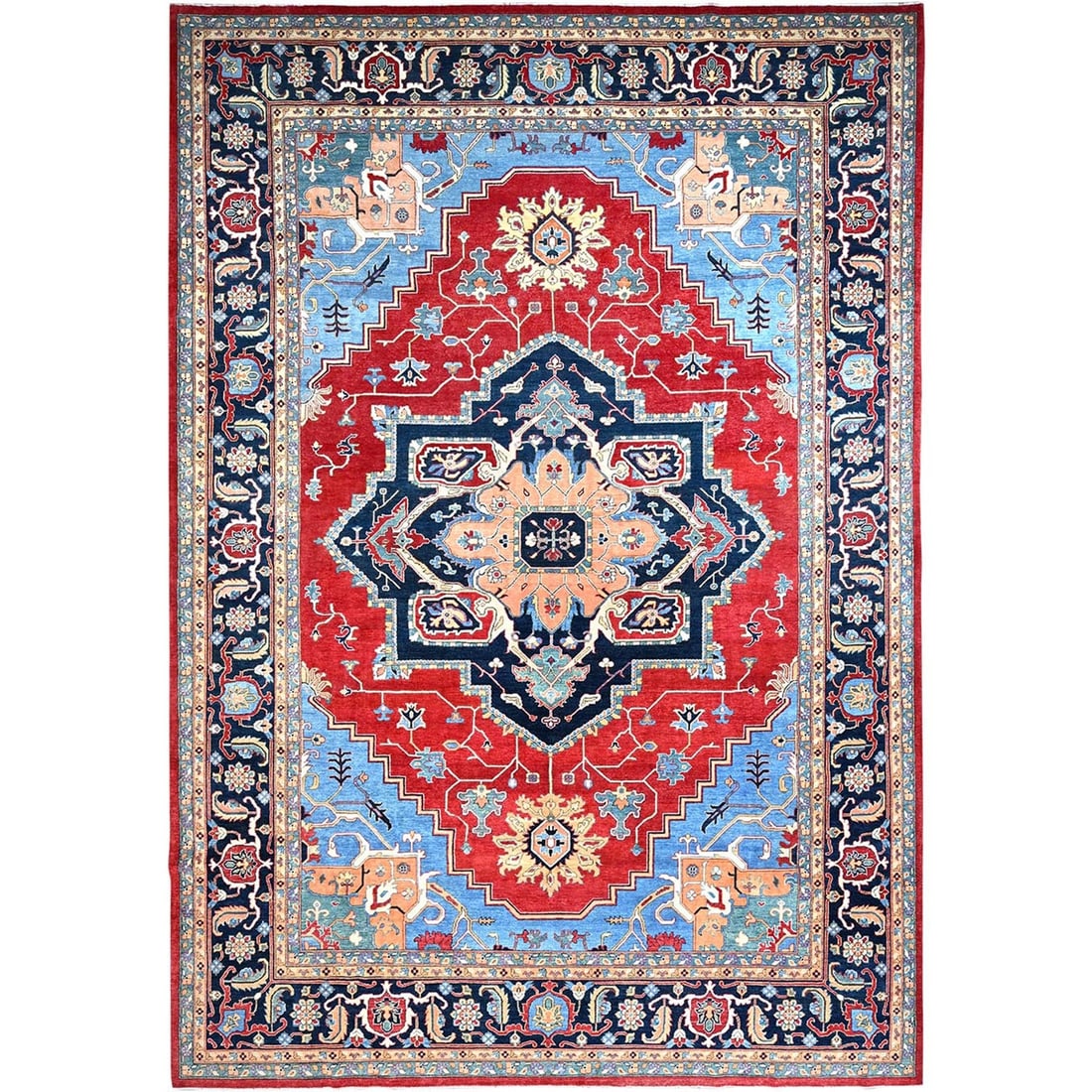12'x17'2" Venetian Red Hand Knotted Wool Seeripe and Heris Oversized Rug: 12'x17'2" Venetian Red Hand Knotted Wool Seeripe and Heris Oversized Rug Experience the rich beauty of traditional Afghan craftsmanship with this stunning 12' x 17'2" Venetian Red Hand Knotted Wool
