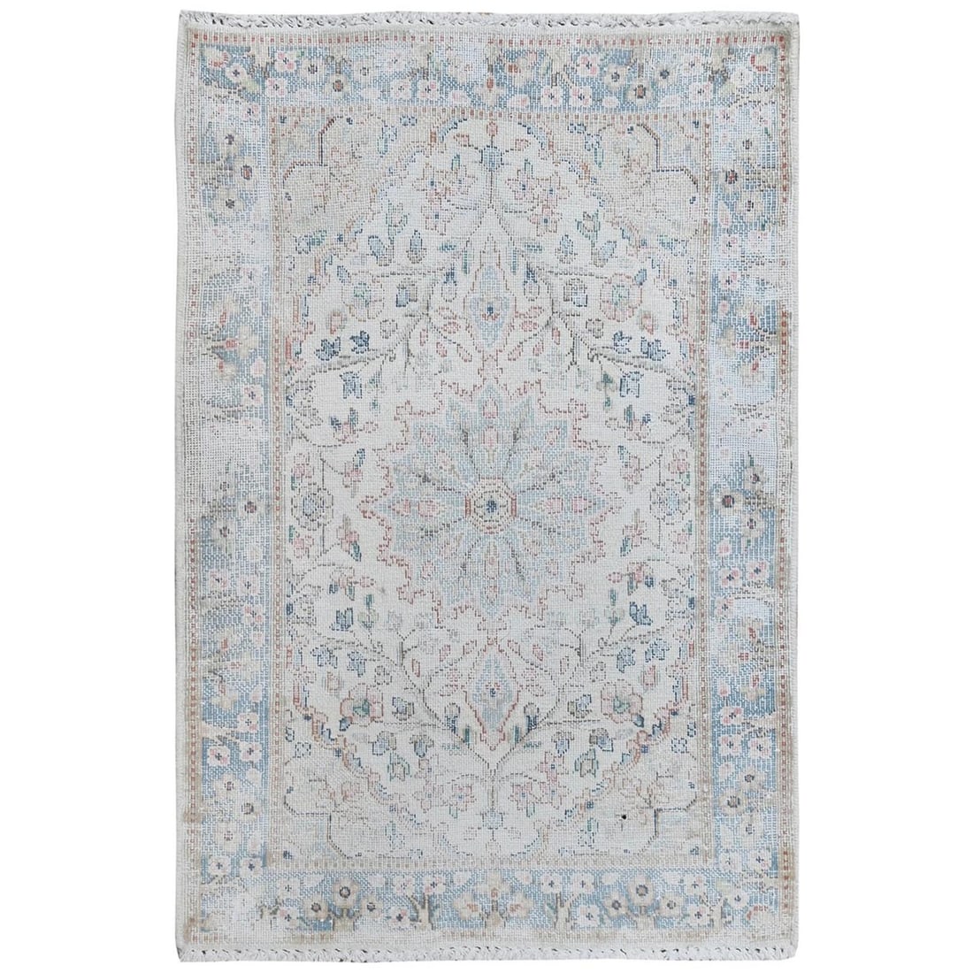 Ivory Hand Knotted Old Farsian Karman Worn Wool Mat is a 2'x2'10" rug.: Ivory Hand Knotted Old Farsian Karman Worn Wool Mat is a 2'x2'10" rug. Experience the timeless beauty of a vintage Farsian Karman rug, hand-knotted in worn wool and infused with the rich colors of
