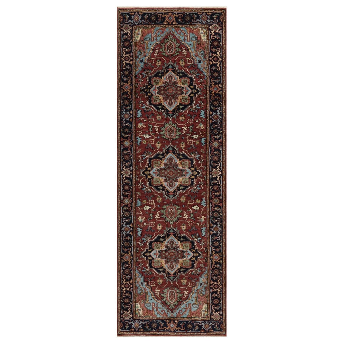 2'8"x8'1" Red Antiqued Heris Re-Creation Hand Knotted Wool Runner Rug: 2'8"x8'1" Red Antiqued Heris Re-Creation Hand Knotted Wool Runner Rug Experience the rich heritage of India with this stunning, hand-knotted wool runner rug, expertly recreated in the traditional