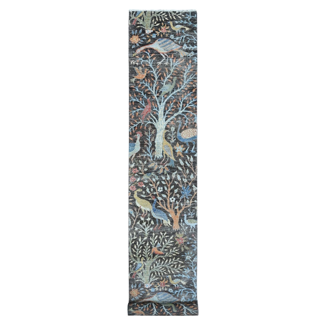 2'6"x17'9" Gray Peshawar Hand Knotted Wool Birds Paradise XL Runner Rug: 2'6"x17'9" Gray Peshawar Hand Knotted Wool Birds Paradise XL Runner Rug Experience the rich heritage of Afghanistan with this stunning 17'9" Gray Peshawar Hand Knotted Wool Birds Paradise XL Runner