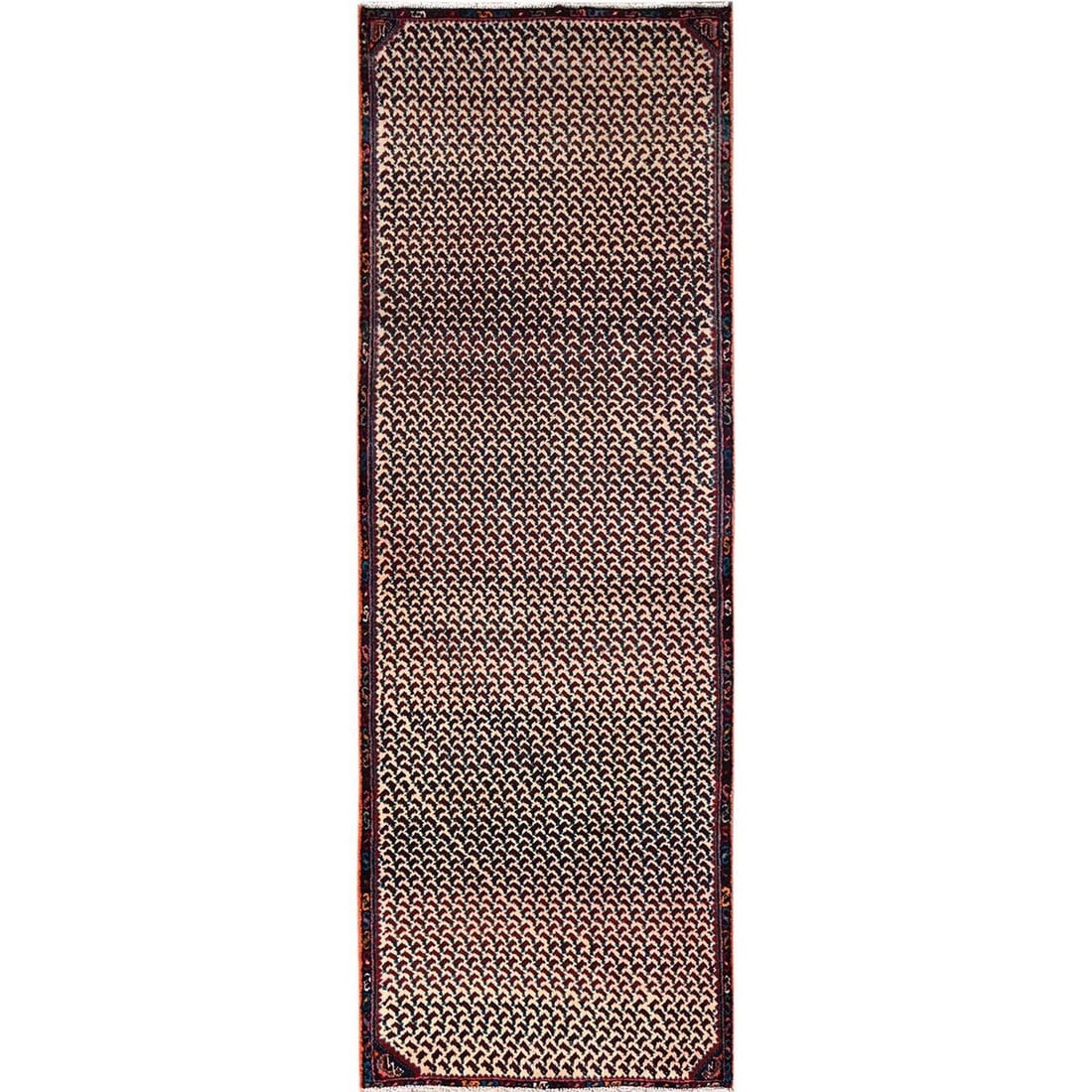 3'x8'10" Ivory Vintage Zoroastrian Khamadan Hand Knotted Wool Runner Rug: 3'x8'10" Ivory Vintage Zoroastrian Khamadan Hand Knotted Wool Runner Rug Experience the timeless beauty of Turkish craftsmanship with this exquisite 1950s vintage Zoroastrian Khamadan hand knotted