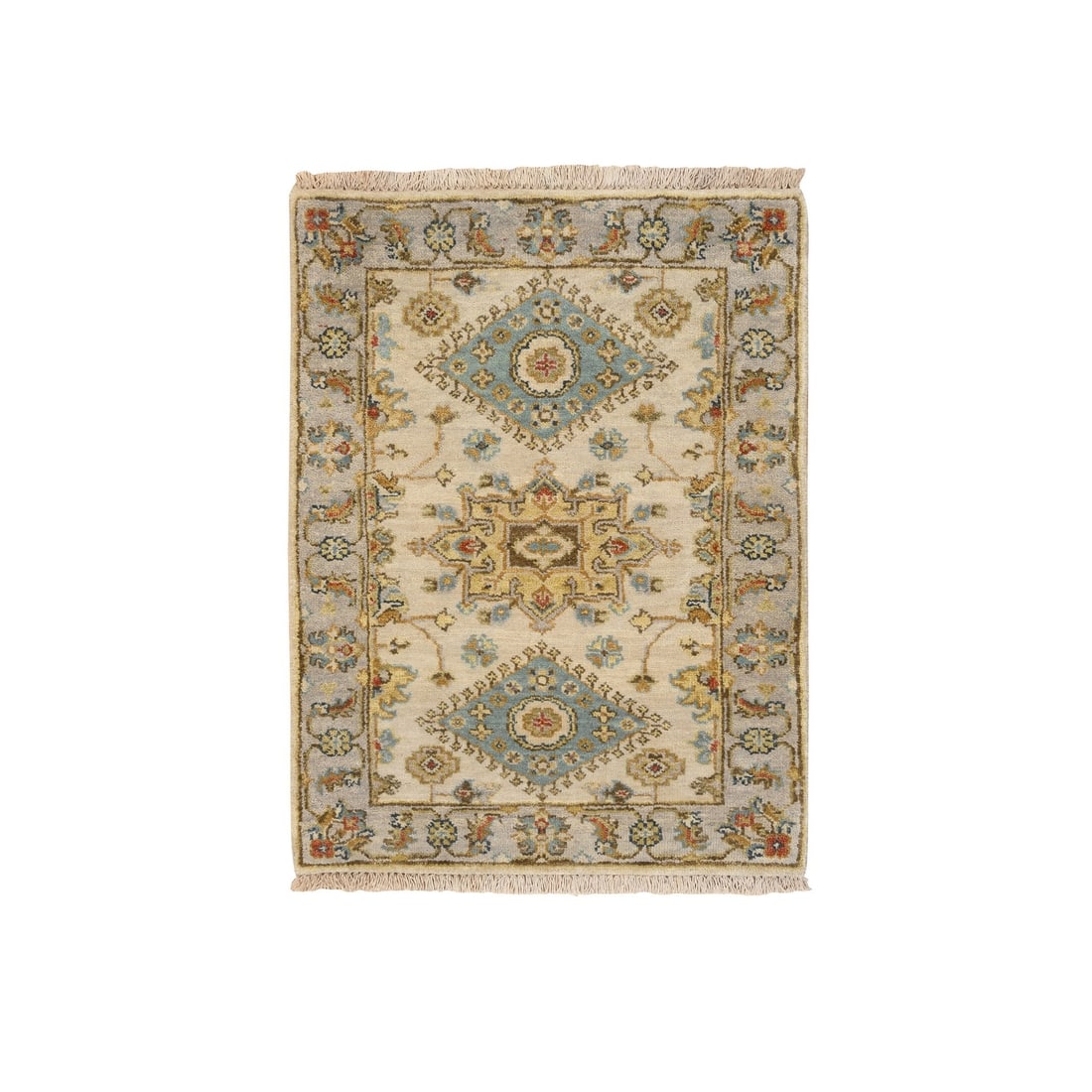 2'1"x3' Ivory Karjihooz Design Organic Wool Hand Knotted Mat Rug (1 of 8)