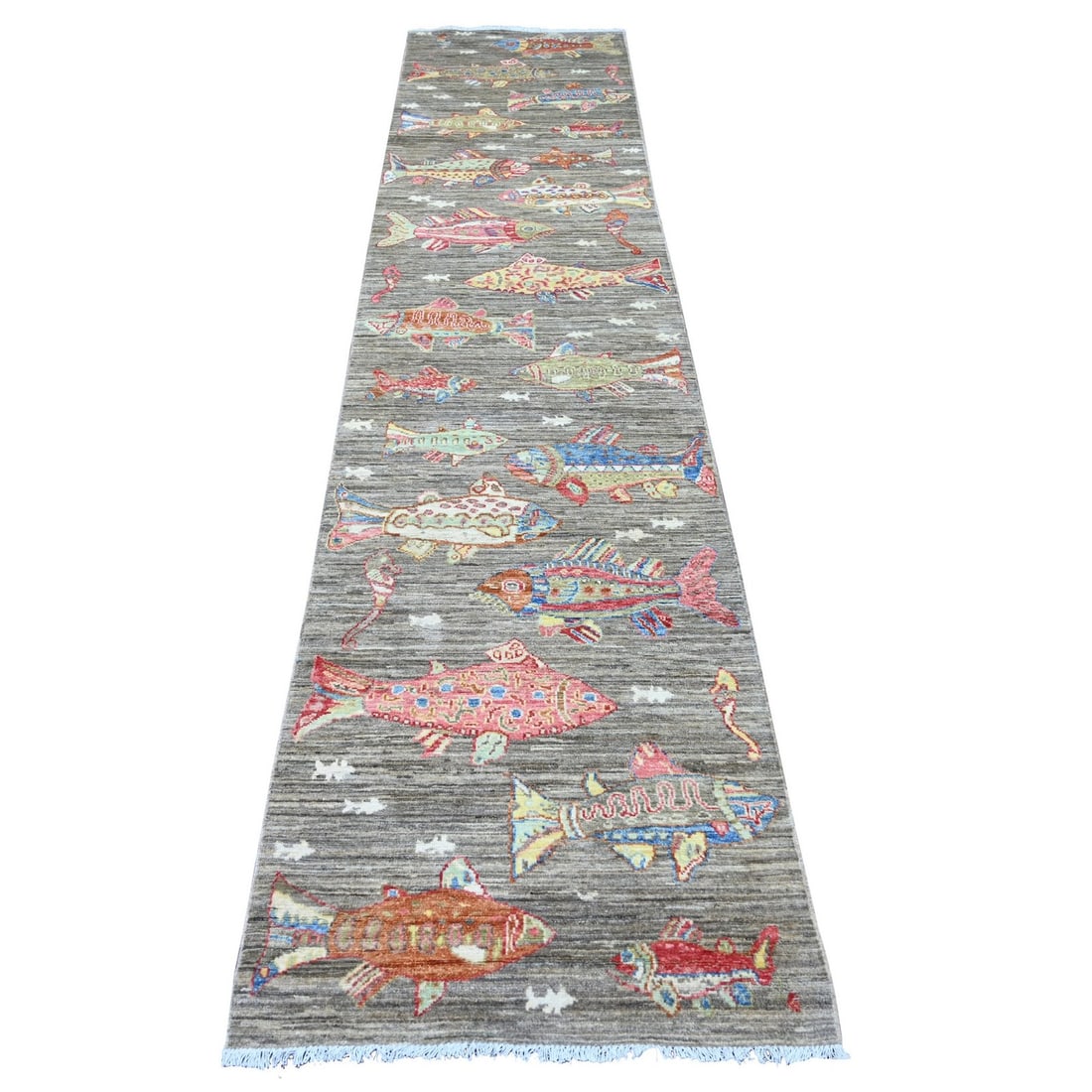 2'7"x11'7" Stone Gray Hand Knotted Peshawar Fish Design Wool Runner Rug (1 of 6)