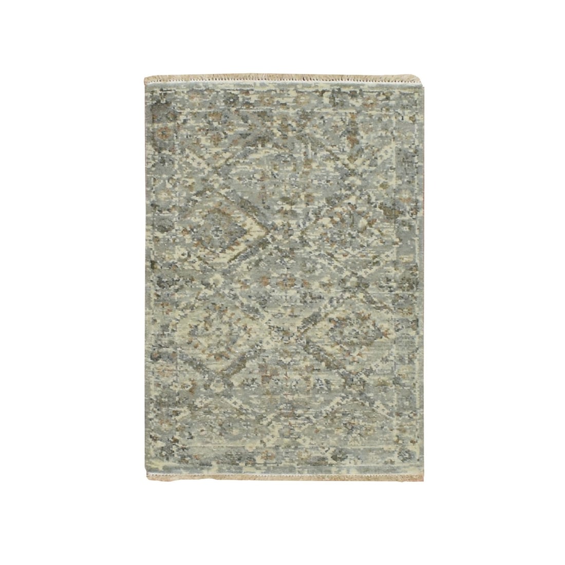 2'x2'10" Gray Broken Garden Design Hand Knotted Pure Wool Zero Pile Rug: 2'x2'10" Gray Broken Garden Design Hand Knotted Pure Wool Zero Pile Rug Experience the timeless elegance of India's Oushak region with this stunning, hand-knotted gray wool rug. Featuring a striking
