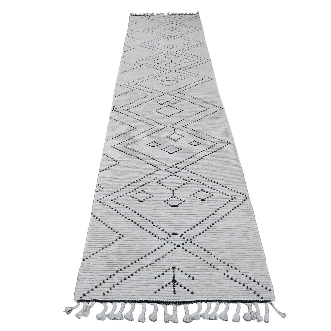 3'x12'8" White Geometric Moroccan Weave Soft Wool Hand Knotted Runner Rug: 3'x12'8" White Geometric Moroccan Weave Soft Wool Hand Knotted Runner Rug Experience the timeless beauty of Moroccan craftsmanship with this stunning 3'x12'8" hand-knotted wool runner rug, expertly