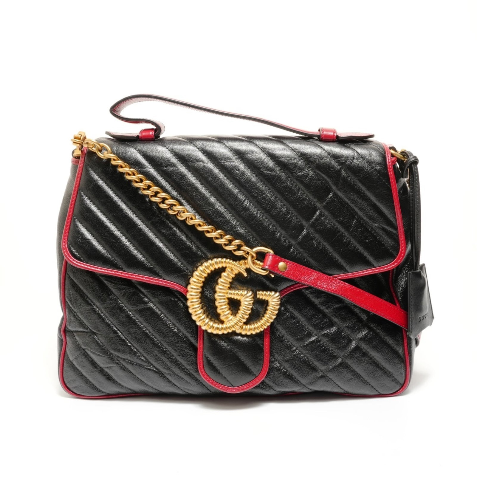Gucci Handbag: Gucci Handbag A sleek and sophisticated Gucci handbag in black, with its classic design and timeless appeal, is sure to make a statement. Measuring 23cm x 32cm x 10cm, this stylish tote boasts a long