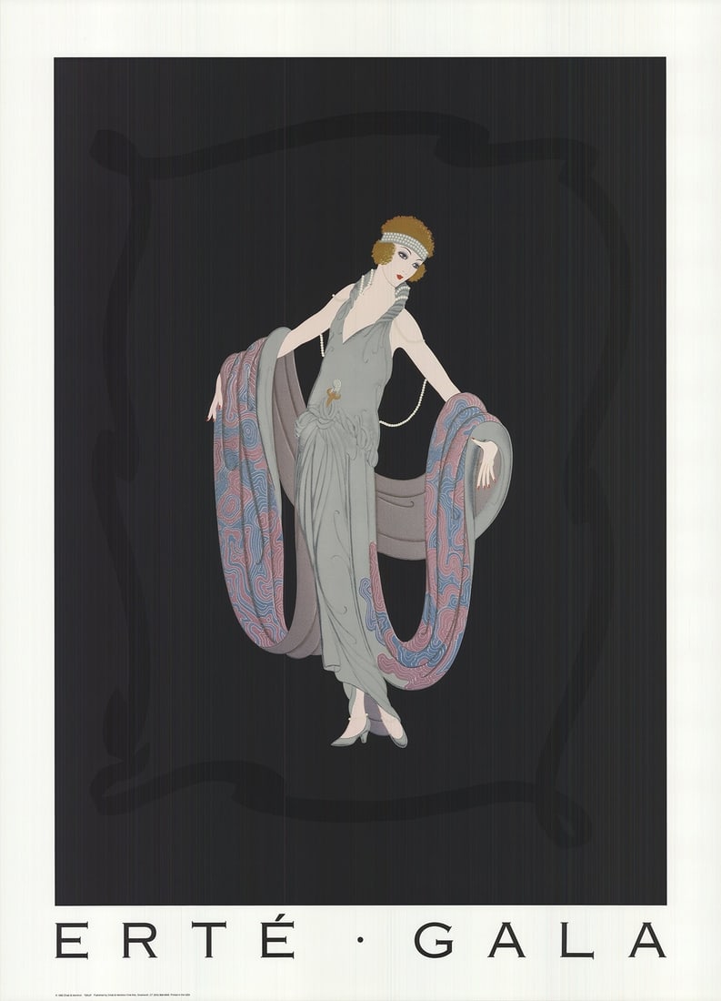 ERTE Gala 36" x 26" Poster 1995 Art Deco Multicolor Gray Black: ERTE Gala 36" x 26" Poster 1995 Art Deco Multicolor Gray Black Experience the opulence of Art Deco with Erte's iconic 1995 poster, 'Gala'. This stunning multicolor design showcases the artist's signat