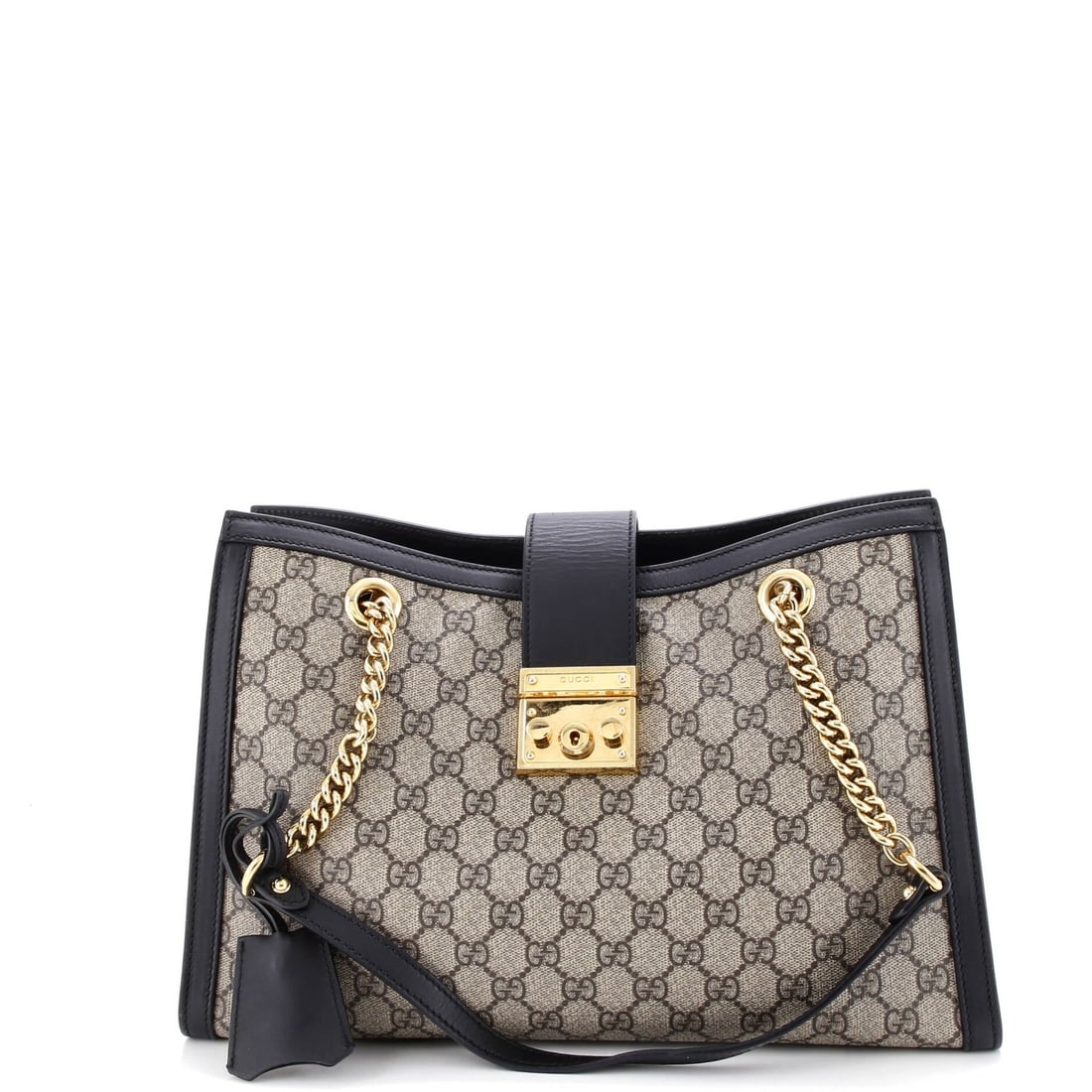 Gucci medium leather canvas coated tote padlock chain.: Gucci medium leather canvas coated tote padlock chain. Elevate your daily essentials with the iconic Gucci medium leather canvas coated padlock chain tote, boasting a sleek black exterior and gold har