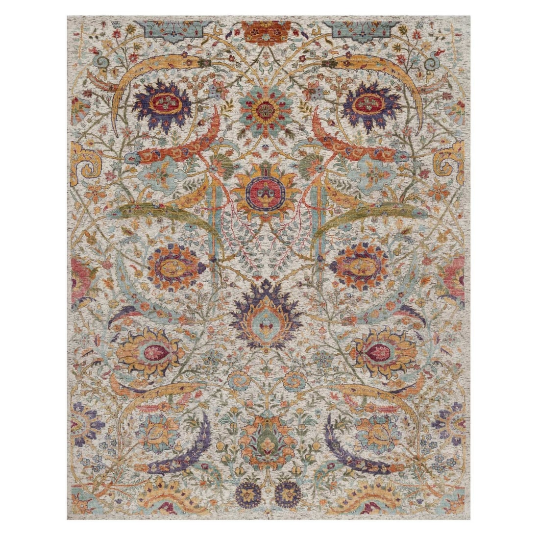 7'10"x10' Ivory Silk & Textured Wool Rug Sickle Leaf Design Hand Knotted (1 of 11)