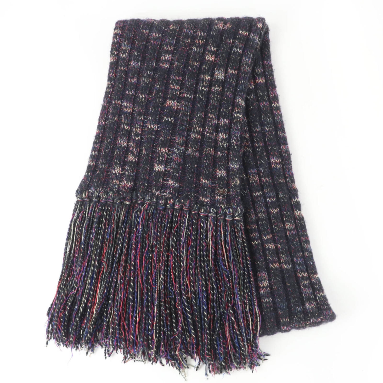 Chanel Stole Wool 40%, Acrylic 37%, Angora 18%, Cashmere 5%: Chanel Stole Wool 40%, Acrylic 37%, Angora 18%, Cashmere 5% Experience the timeless elegance of Chanel with this stunning multi-colored stole, crafted from a luxurious blend of wool, acrylic, angora,