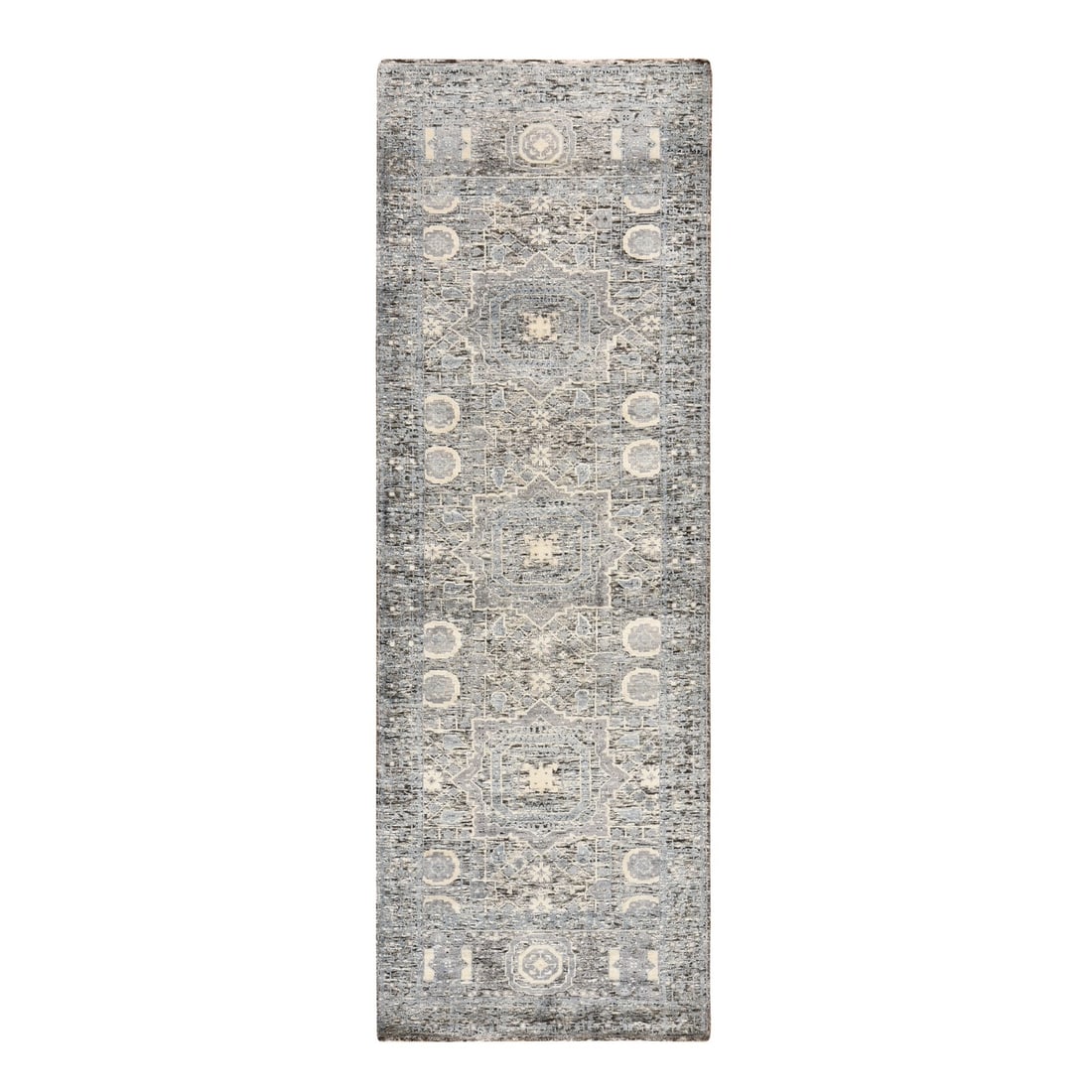 2'7"x8' Beau Blue Silken Mamluk Design Washed Out Hand Knotted Runner Rug: 2'7"x8' Beau Blue Silken Mamluk Design Washed Out Hand Knotted Runner Rug Experience the rich beauty of India's ancient Mamluk design, expertly woven into a stunning 8' long hand-knotted runner rug