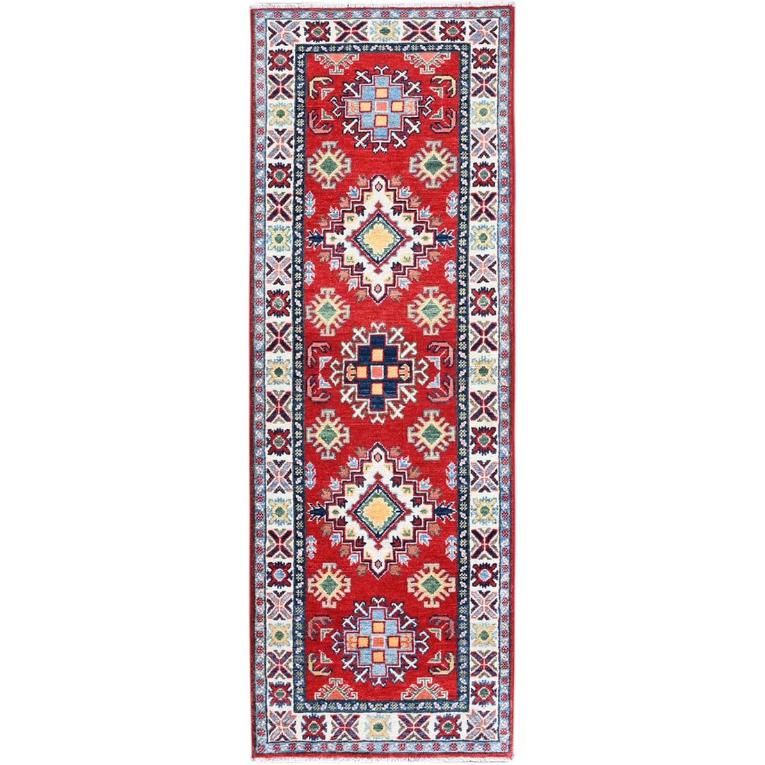 2'x5'9" Red Kazak with Medallions Design Hand Knotted Soft Wool Runner Rug: 2'x5'9" Red Kazak with Medallions Design Hand Knotted Soft Wool Runner Rug Experience the rich cultural heritage of Afghanistan with this stunning, hand-knotted Kazak rug, expertly crafted from soft