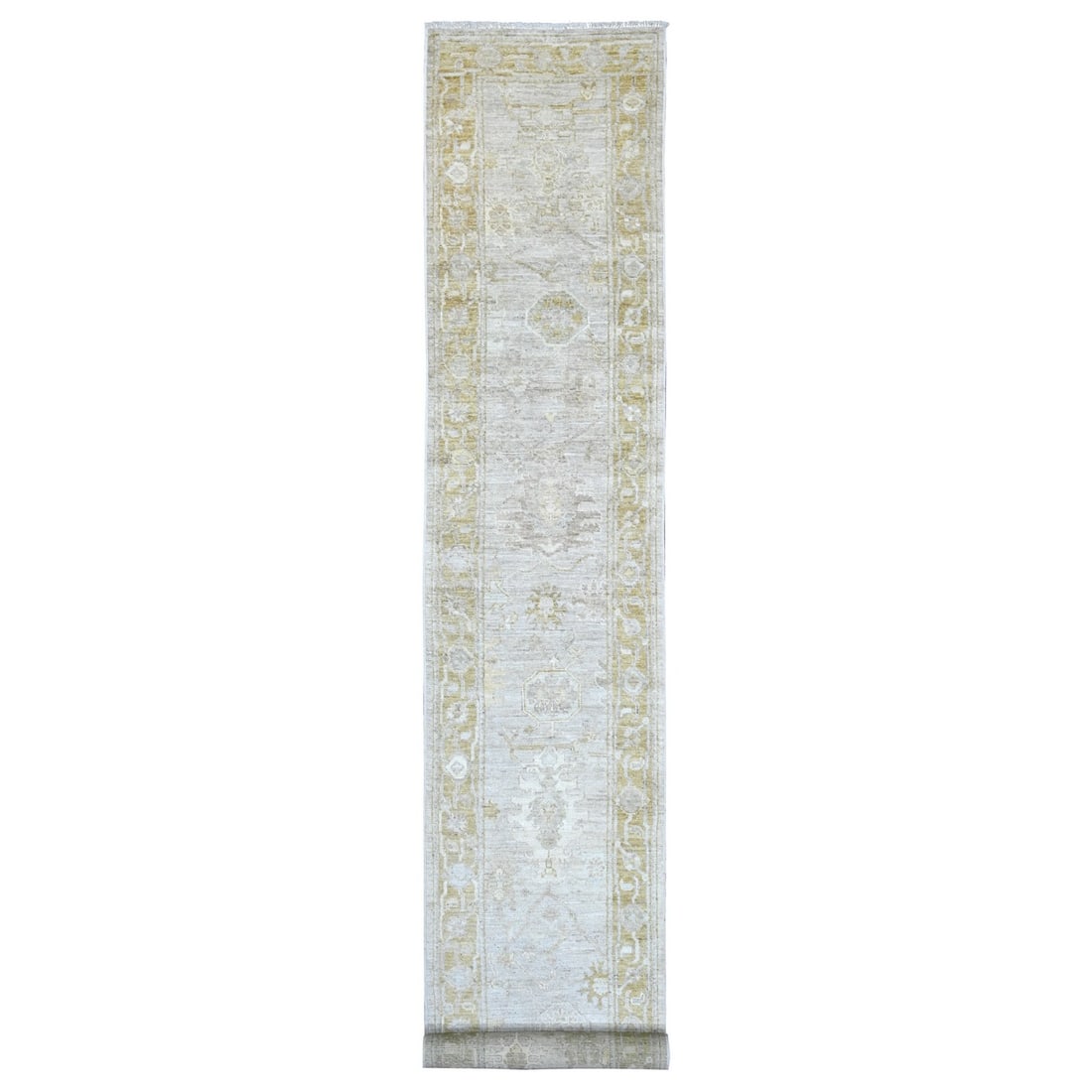 2'8"x17'4" Light Gray Afghan Angora Oushak Hand Knotted Wool Runner Rug: 2'8"x17'4" Light Gray Afghan Angora Oushak Hand Knotted Wool Runner Rug Experience the timeless beauty of traditional Afghan craftsmanship with this stunning 2'8"x17'4" Light Gray Oushak Hand Knotted