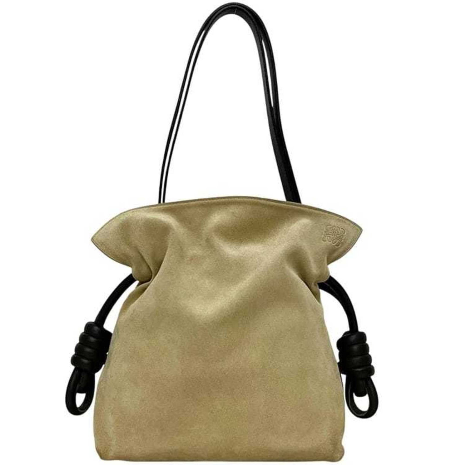 Leather shoulder bag suede by Loewe: Leather shoulder bag suede by Loewe A timeless Loewe shoulder bag, crafted from rich suede and supple leather in a beautiful beige and dark brown hue, adds an effortless touch of sophistication to