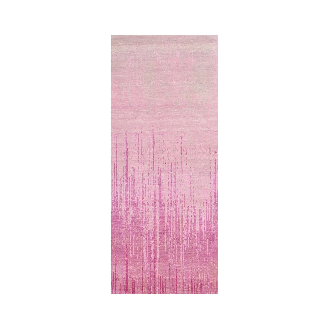 2'6"x6'4" Pink Wool Hand Knotted Vertical Ombre Design Runner Rug: 2'6"x6'4" Pink Wool Hand Knotted Vertical Ombre Design Runner Rug Experience the beauty of Indian craftsmanship with this stunning 2'6"x6'4" hand-knotted wool ombre runner rug, showcasing a