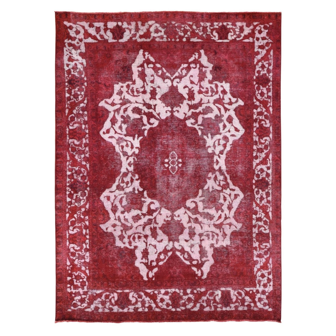 8'2"x11'1" Red Overdyed Vintage Tebraz Design Pure Wool Hand Knotted Rug: 8'2"x11'1" Red Overdyed Vintage Tebraz Design Pure Wool Hand Knotted Rug Experience the rich history and beauty of Turkey in this stunning, 2000-year-old vintage Tebraz design pure wool hand knotted
