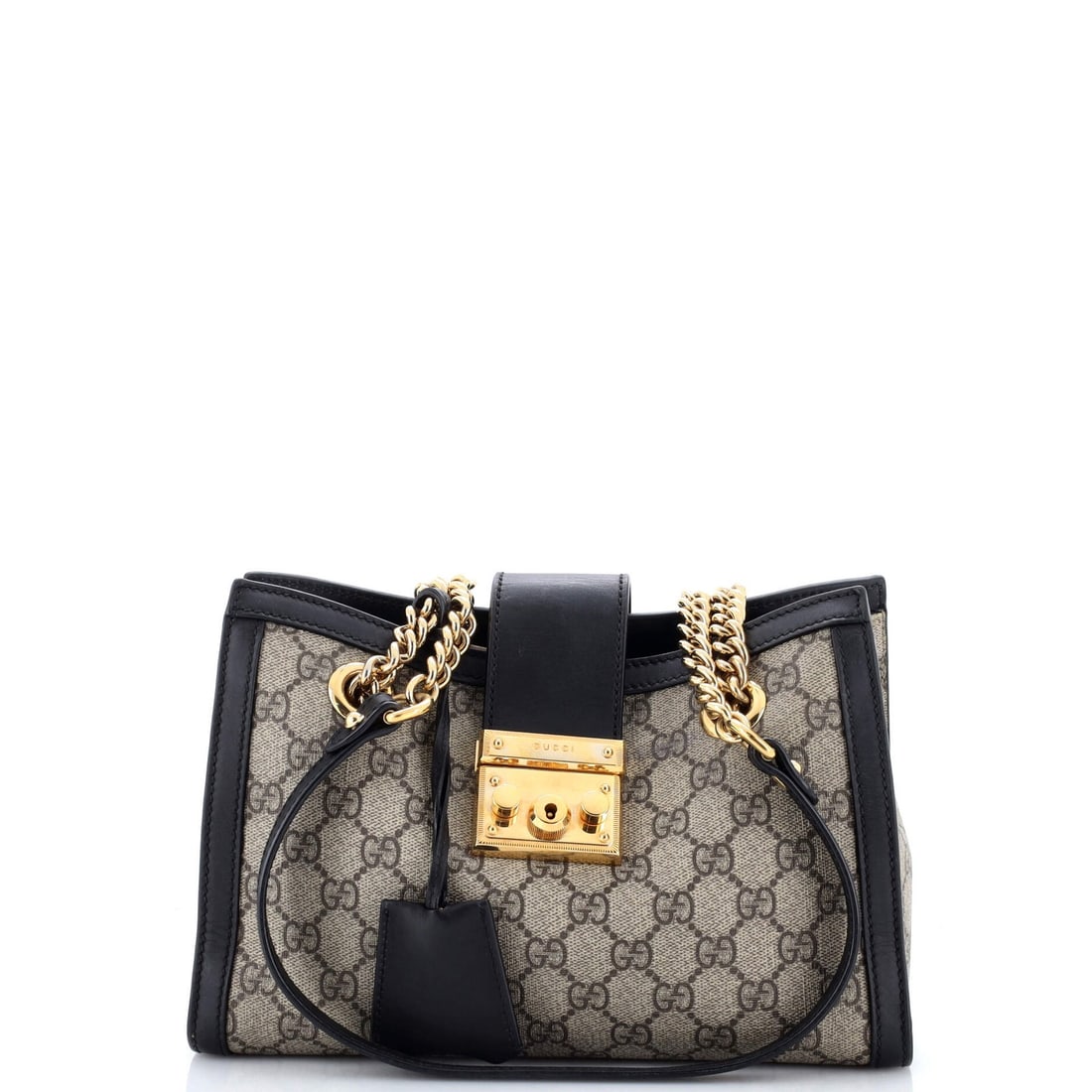 Gucci small leather coated canvas tote padlock chain: Gucci small leather coated canvas tote padlock chain Elevate your everyday with the iconic Gucci small leather-coated canvas tote padlock chain, boasting sleek black exterior and gold hardware details