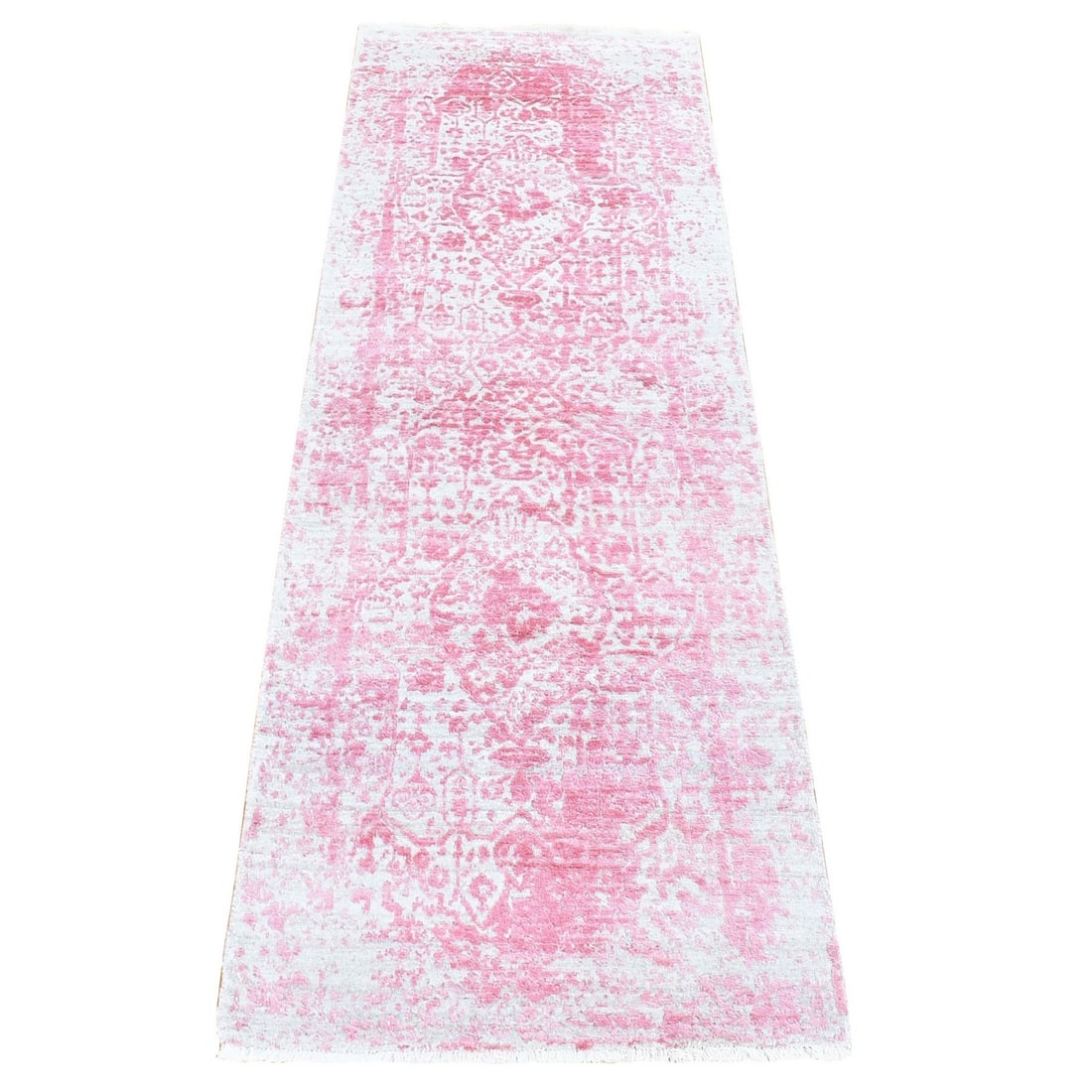 2'6"x7'9" Pink Broken Farsian Design Wool/ Silk Hand Knotted Runner Rug: 2'6"x7'9" Pink Broken Farsian Design Wool/ Silk Hand Knotted Runner Rug Experience the rich beauty of Indian craftsmanship with this stunning 2000-year-old Farsian design wool and silk hand-knotted