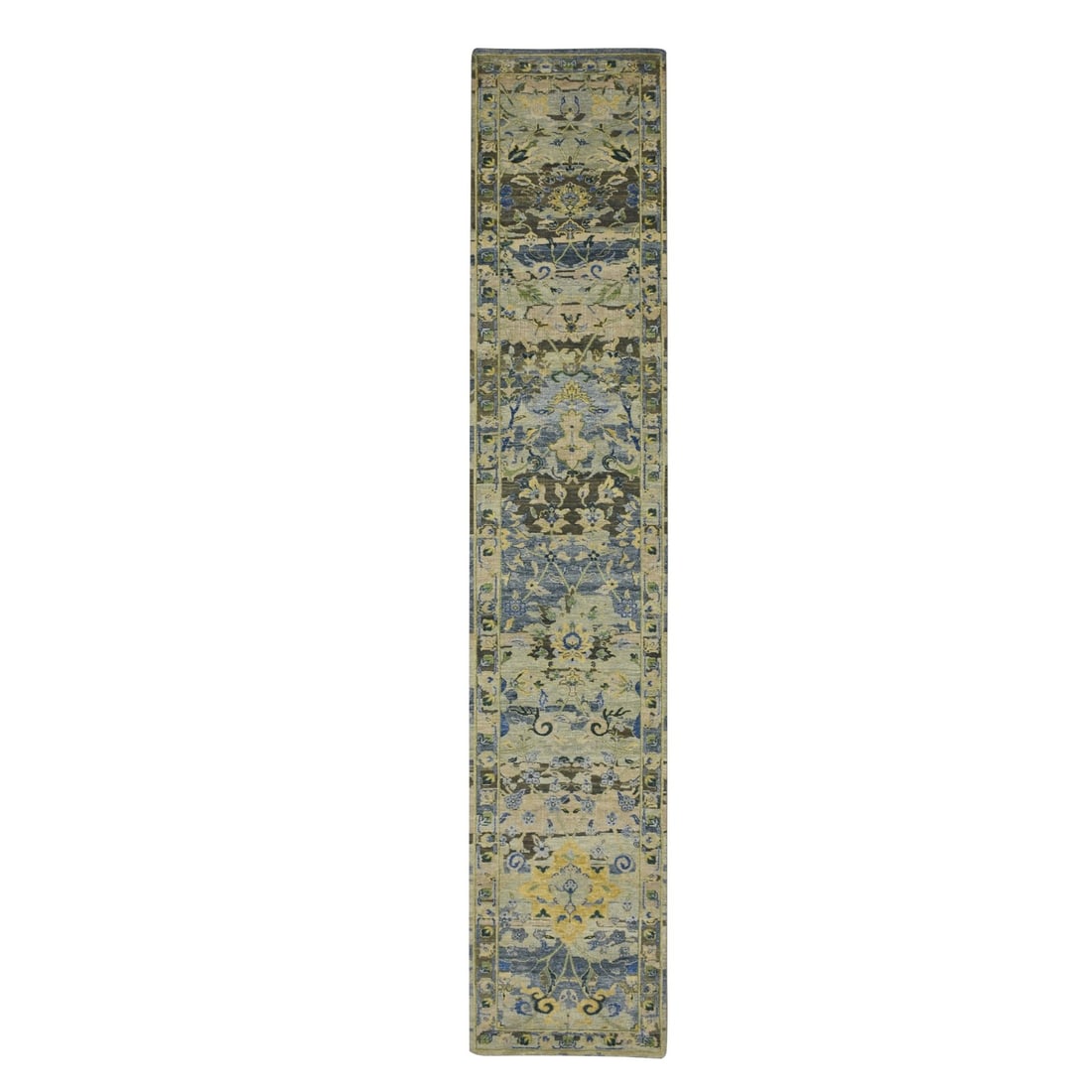 2'7"x13'10" Green Erased Birds Design Hand Knotted Pure Wool Runner Rug: 2'7"x13'10" Green Erased Birds Design Hand Knotted Pure Wool Runner Rug Experience the timeless elegance of India's rich cultural heritage with this stunning 2'7"x13'10" green erased birds design