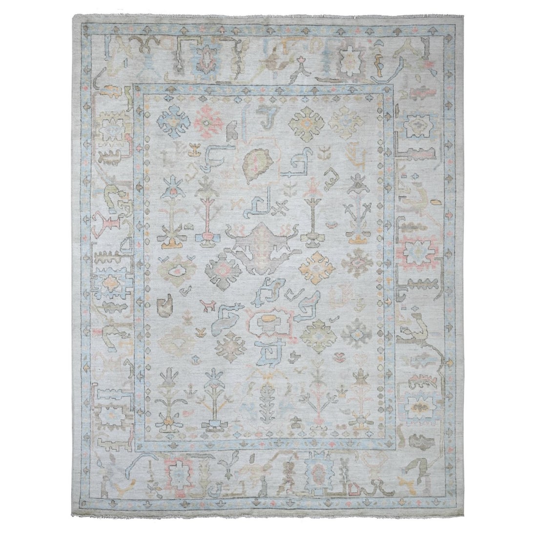 8'x10'1" Light Gray Afghan Angora Oushak Leaf Design Hand Knotted Wool Rug: 8'x10'1" Light Gray Afghan Angora Oushak Leaf Design Hand Knotted Wool Rug Experience the rich beauty of traditional Afghan craftsmanship with this stunning 8'x10'1" Light Gray Oushak Leaf Design