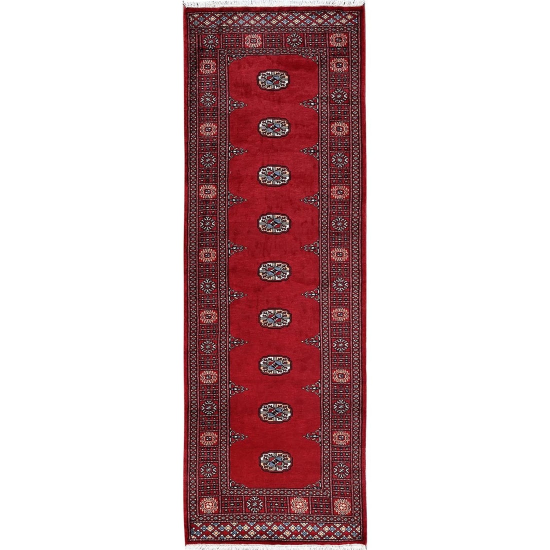Scarlet Red Princess Bokara Rug is 2'7"x7'10" Soft Hand Knotted Wool Runner. (1 of 7)