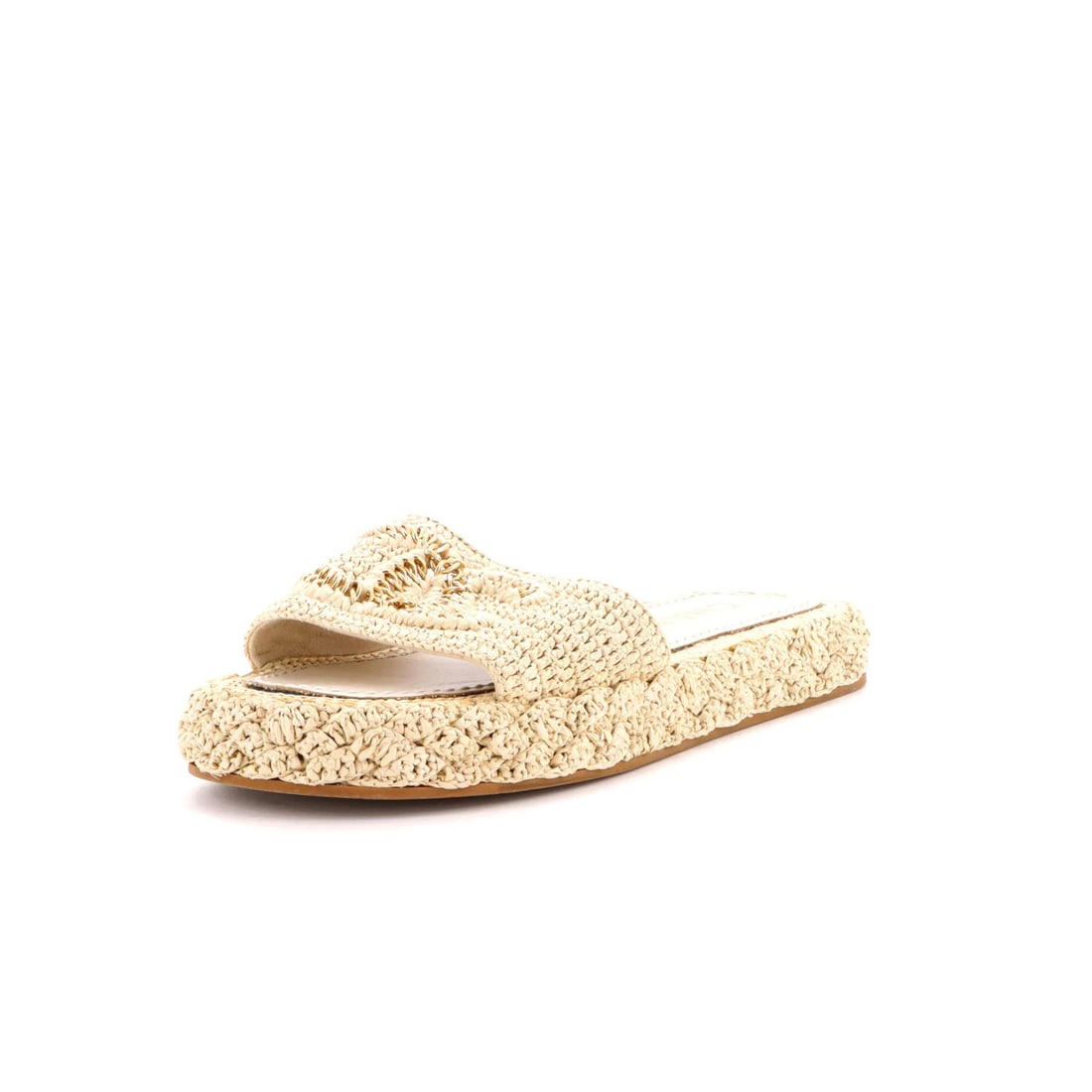 Chanel Women's CC Slide Mules Woven Raffia: Chanel Women's CC Slide Mules Woven Raffia Elevate your summer style with these chic Chanel CC Slide Mules, crafted from woven raffia and adorned with gold accents. The neutral color palette makes the