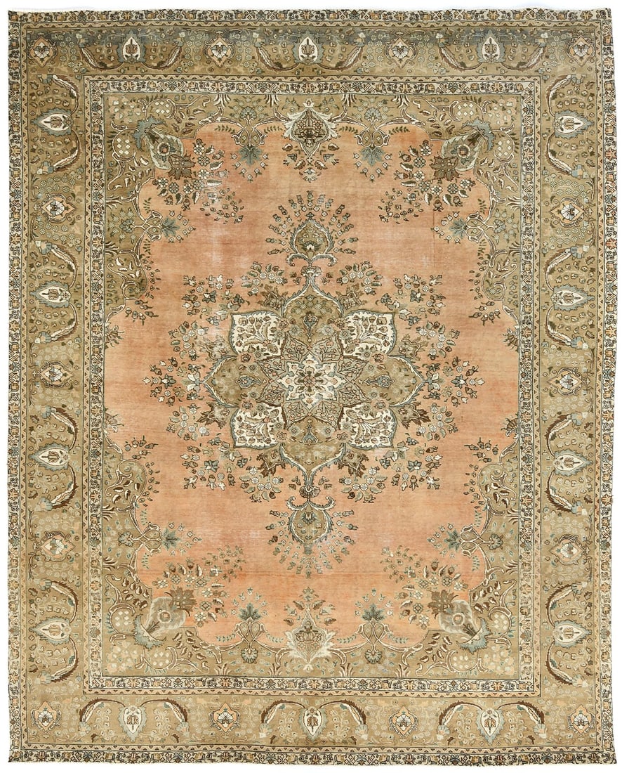 Oriental rug handmade semi-antique carpet with distressed medallion design. (1 of 13)