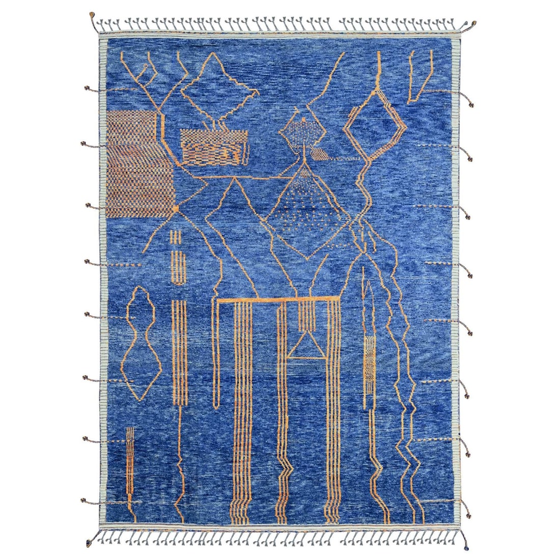 9'x12'5" Blue Moroccan Weave Arts and Crafts Design Hand Knotted Wool Rug: 9'x12'5" Blue Moroccan Weave Arts and Crafts Design Hand Knotted Wool Rug Experience the rich beauty of traditional Moroccan craftsmanship in this stunning 9'x12'5" hand-knotted wool rug, expertly