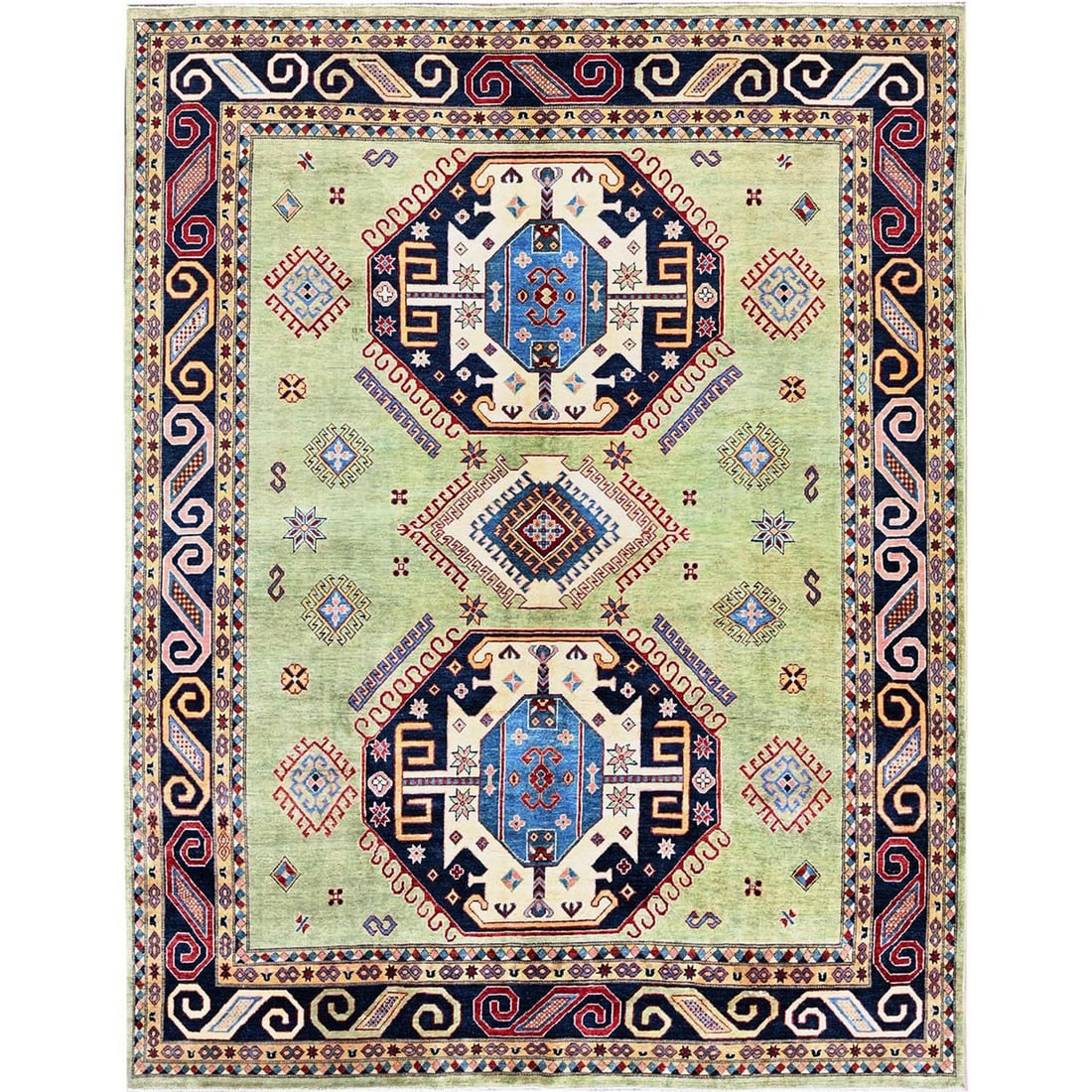 Pure wool oriental rug, green, hand knotted, 8'x10', kazak afghan.: Pure wool oriental rug, green, hand knotted, 8'x10', kazak afghan. Experience the rich cultural heritage of Kazakhstan with this stunning, hand-knotted pure wool oriental rug in vibrant green hues. Me