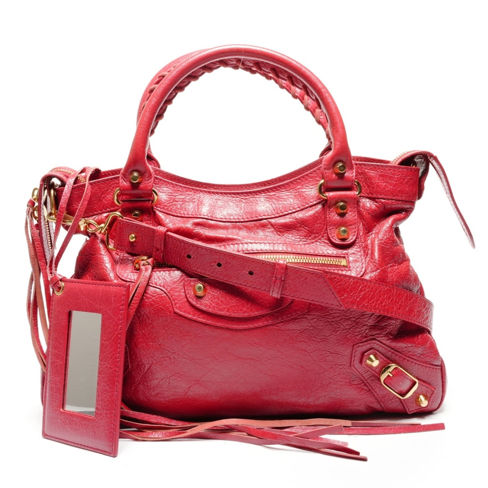 Balenciaga Handbag: Balenciaga Handbag A stunning Balenciaga handbag in bold red hue, adorned with sleek gold hardware, adds a pop of sophistication to any outfit. With its spacious interior and adjustable strap length,