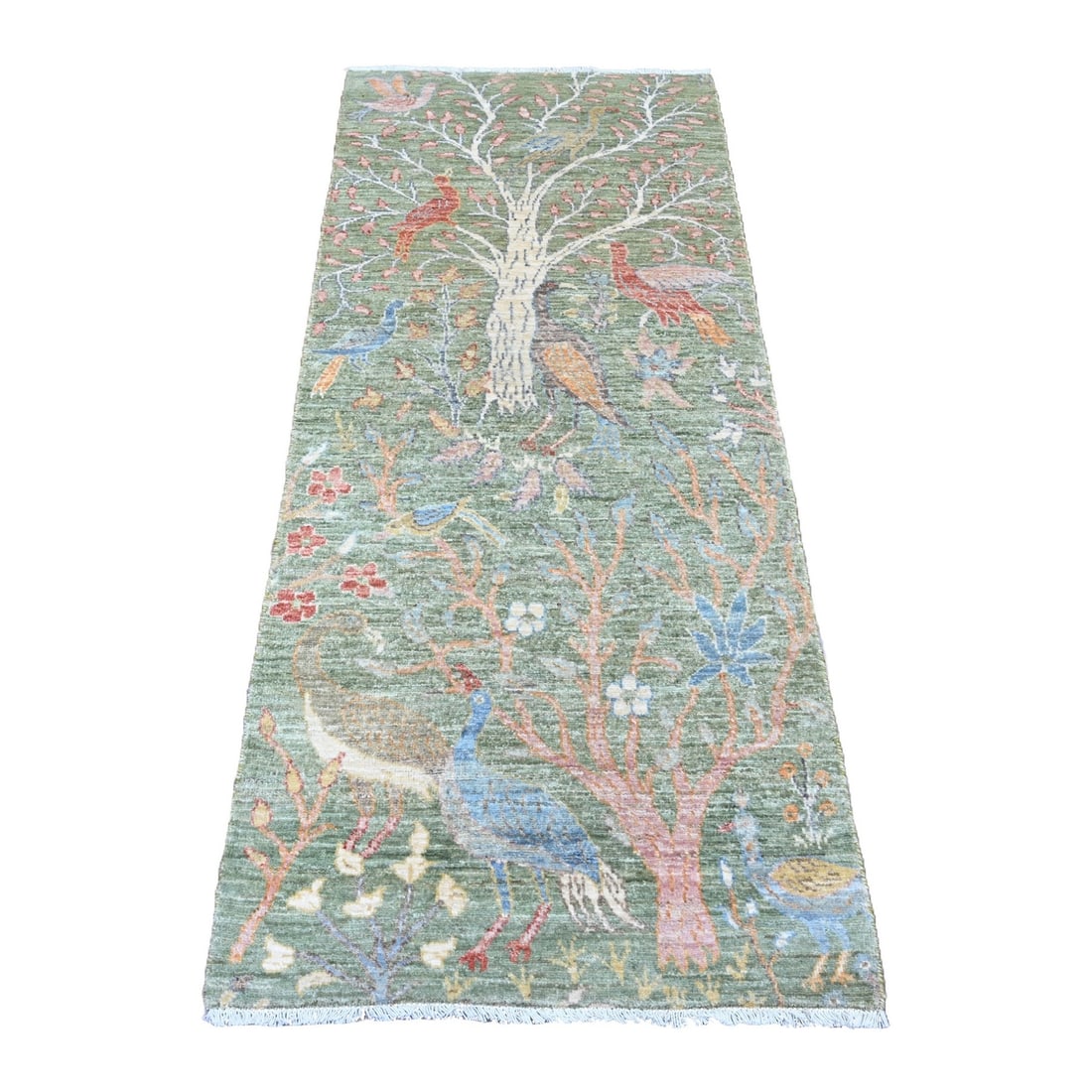 2'7"x6' Green Peshawar Birds Design Hand Knotted Soft Wool Runner Rug (1 of 6)
