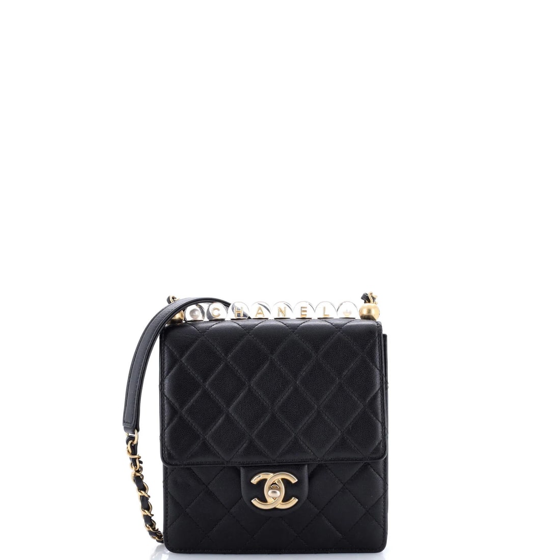 Chanel Lambskin Quilted Chic Mini Flap Pearls Bag: Chanel Lambskin Quilted Chic Mini Flap Pearls Bag Elevate your everyday style with the iconic Chanel Lambskin Quilted Chic Mini Flap Pearls Bag, boasting sleek black leather exterior and gold
